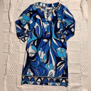 Chico’s Blue White Geometric Abstract Long Sleeve Midi Dress